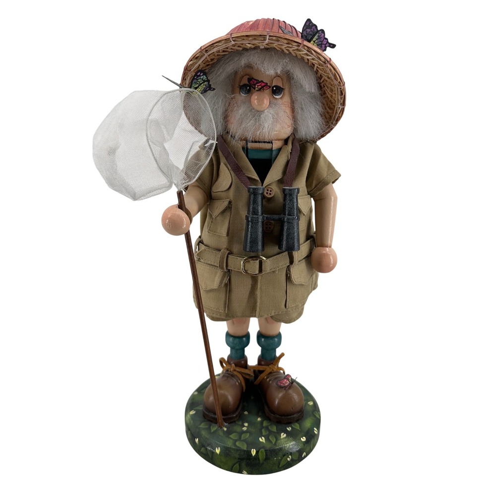 LJ Bell 1999 Signed Wooden Nutcracker Butterfly Catcher Safari Explorer Folk Art